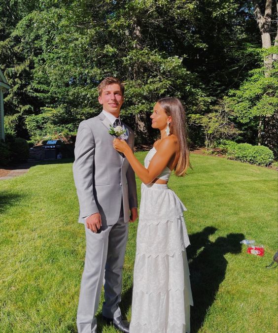 White Two Piece Long Prom Dress, Sexy Prom Dress fg2722