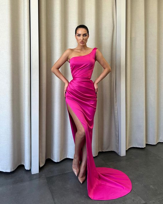 Sexy Mermaid One Shoulder Fuchsia Satin Long Prom Dresses With Slit fg3037