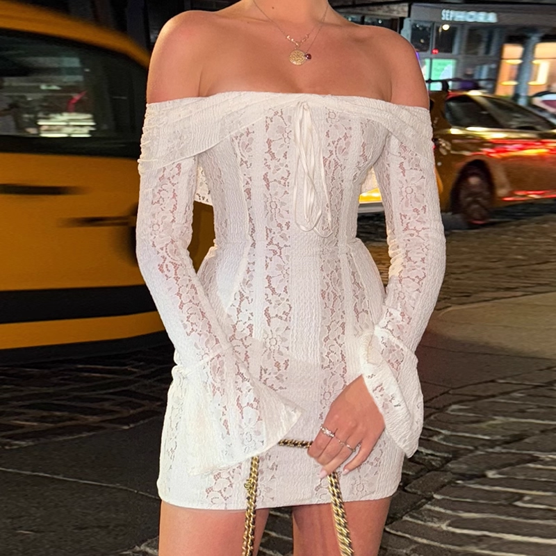 Vintage White Lace Off-the-shoulder Sheath Long-sleeved Short Summer Dresses Party Dress Homecoming Dress TP4363