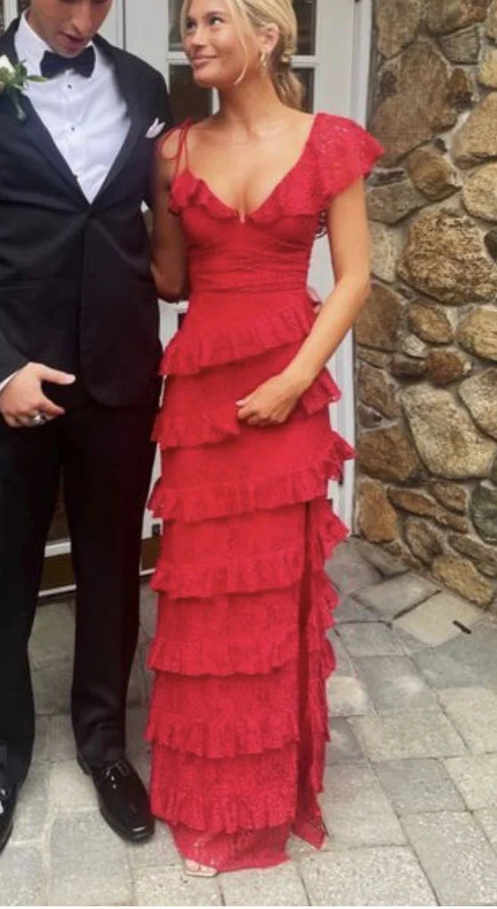 A line Red Lace Long Prom Dresses cg24898