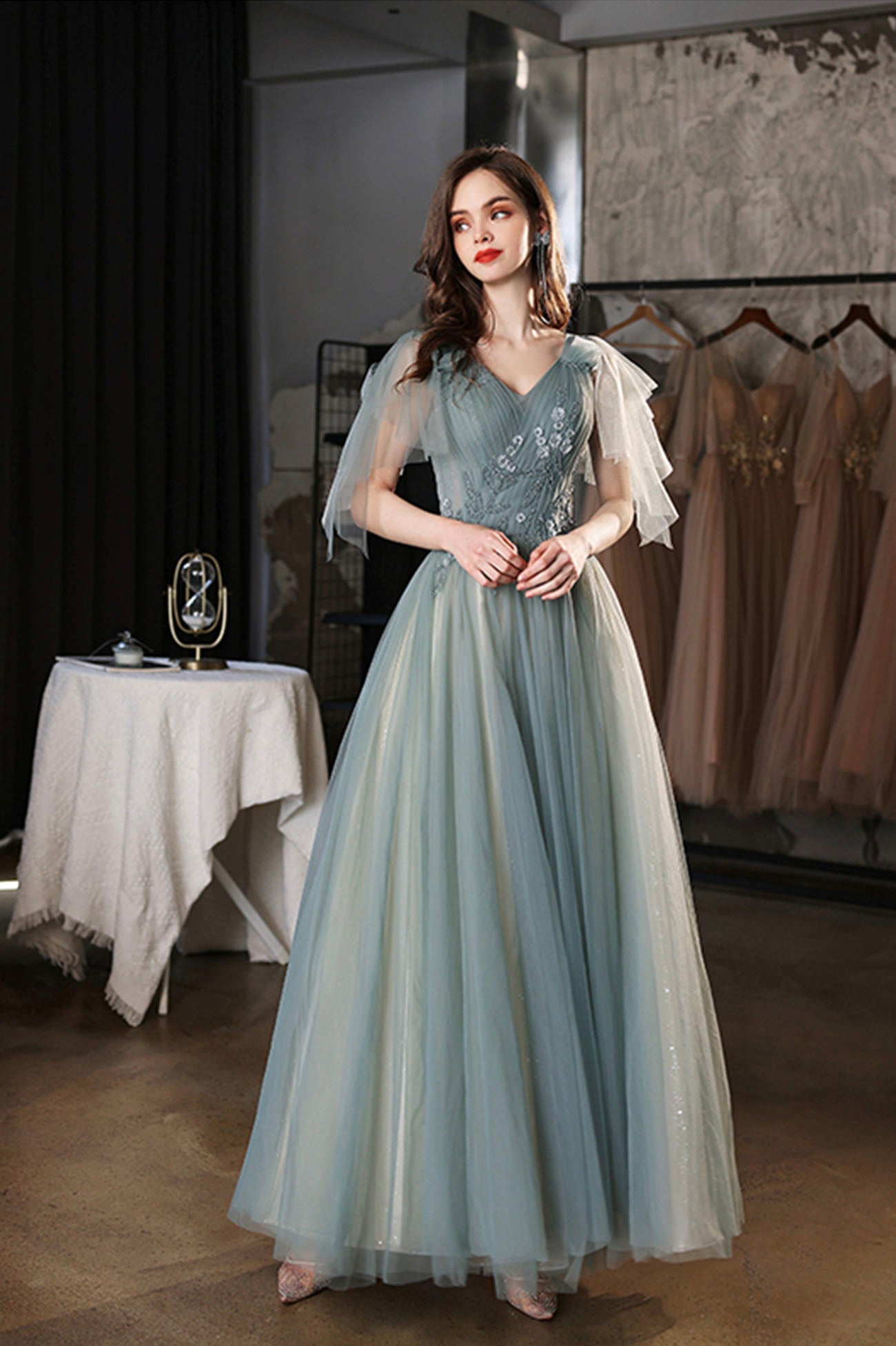 Green V-Neck Tulle Long Prom Dress, Cute A-Line Graduation Dress