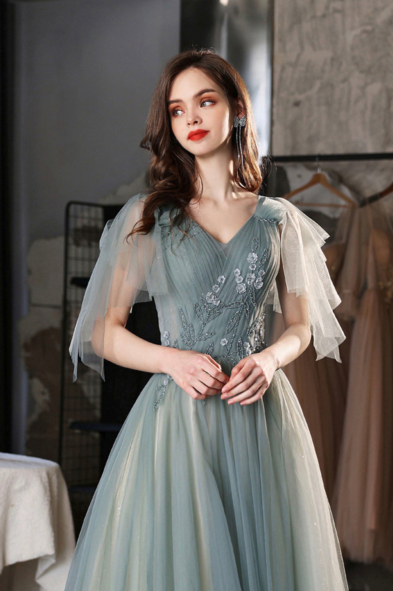 Green V-Neck Tulle Long Prom Dress, Cute A-Line Graduation Dress