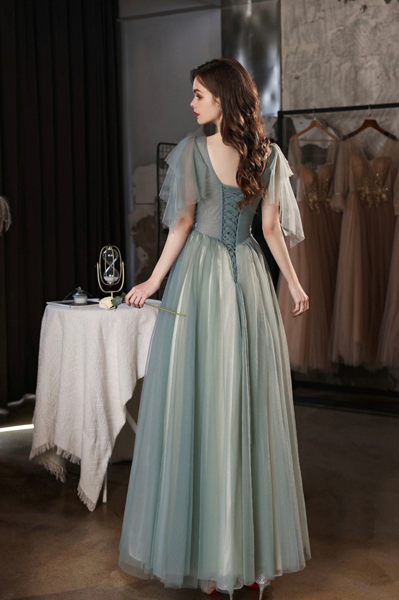 Green V-Neck Tulle Long Prom Dress, Cute A-Line Graduation Dress