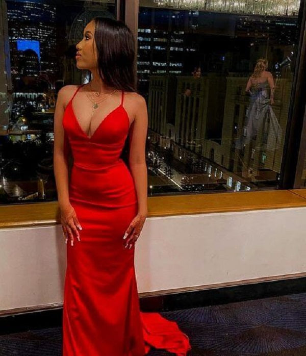 Elegantes vestidos de fiesta de sirena rojos, vestidos de fiesta sin espalda para boda, vestidos largos