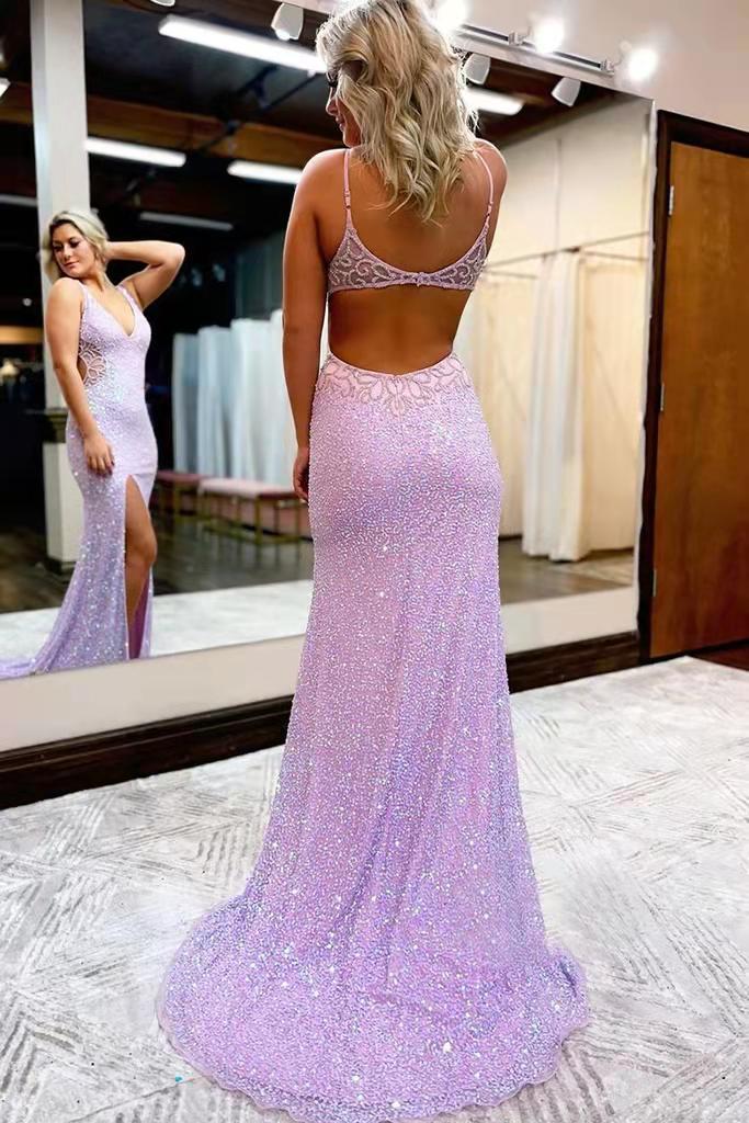 New Style V Neck Sleeveless Long Prom Dress, Sparkly Sequined Evening Dress With Slit fg1258
