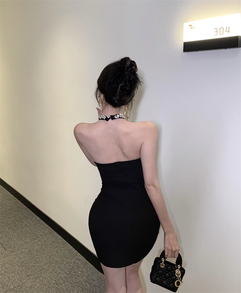 Vestido de fiesta vintage negro con lentejuelas y lazo, corte en A, estilo halter, TP3711