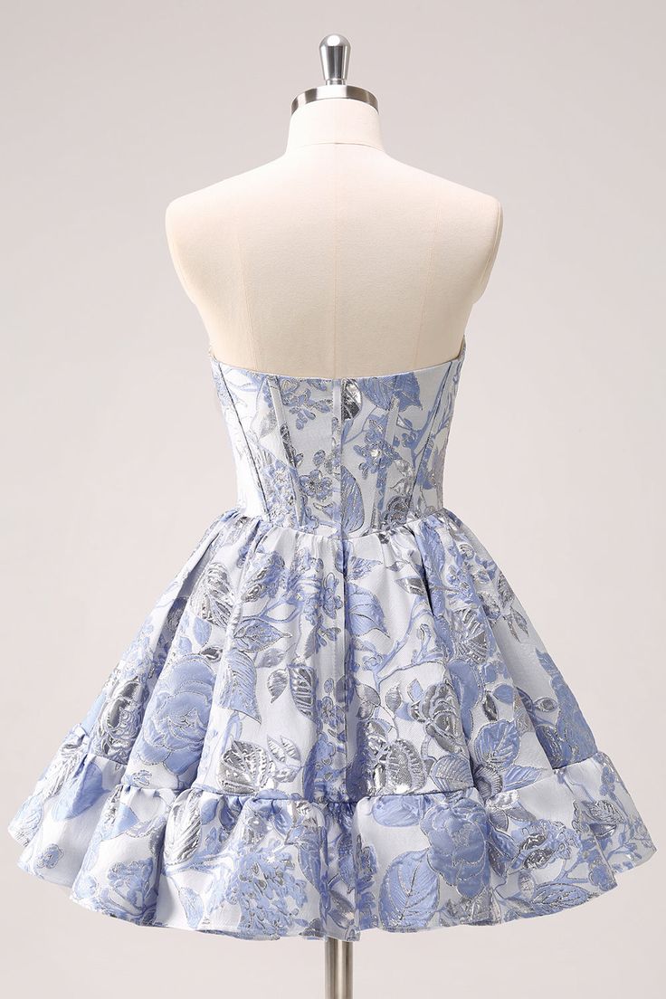 Retro Fashion Blue Corset Design Strapless Mini Party Dress Floral Homecoming Dress TP3393