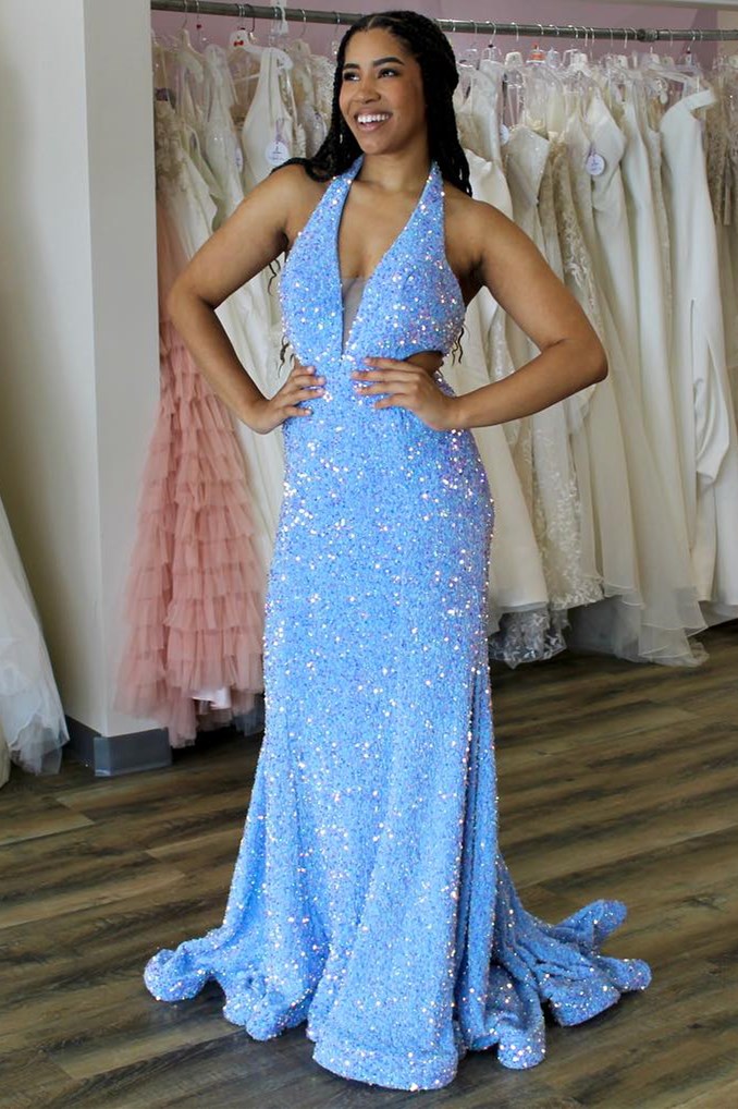 Vestido de fiesta largo de corte trompeta con lentejuelas iridiscentes en azul claro