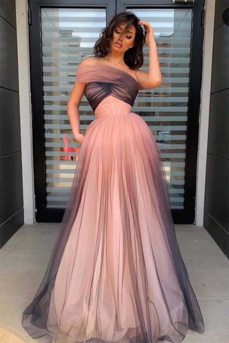 One-Shoulder Ombre Long Prom Dress Elegant Tulle Formal Gown GP70