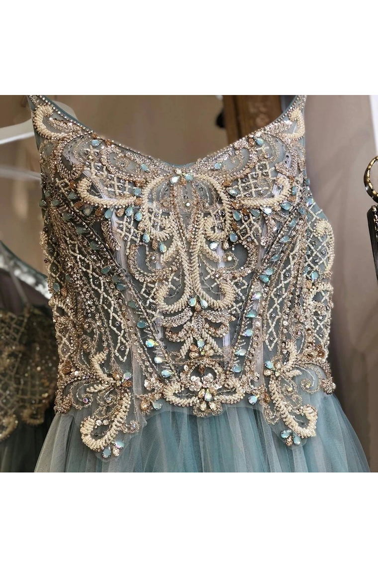 A-Line Tulle Long Prom Dress Beading Bodice With Spaghetti Straps GP93