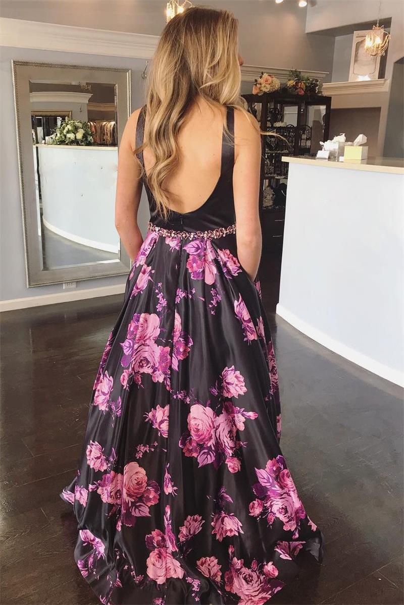 A-Line V-neck Floral Print Black Long Prom Dress Backless Formal Gown GP25