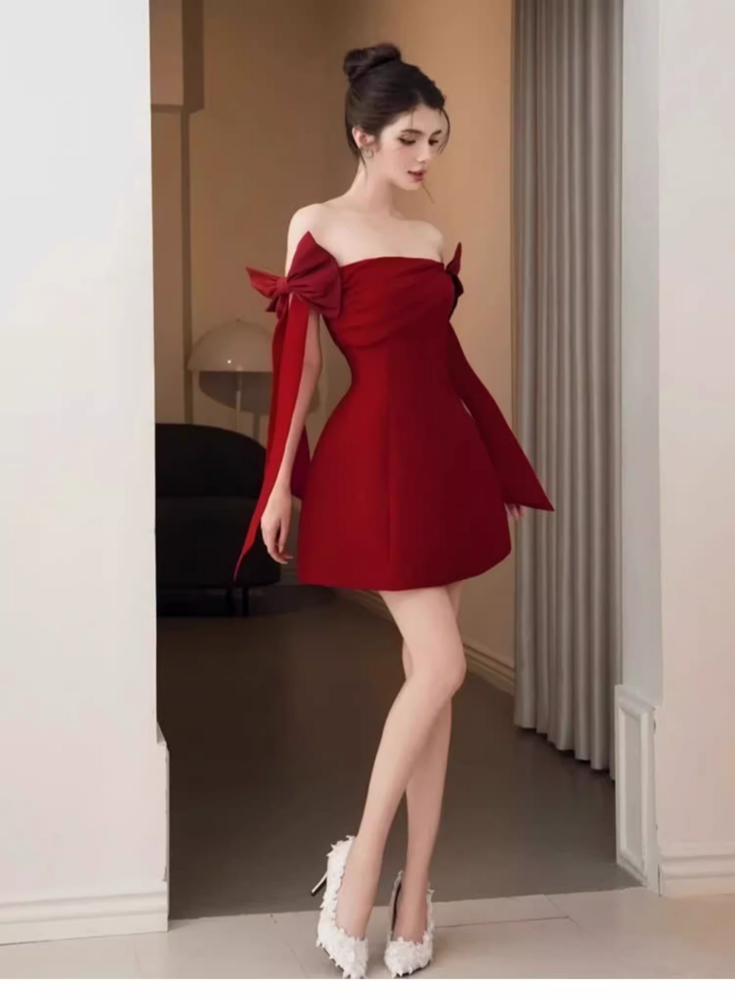 New Fashion Red Off-the-shoulder Bow Design A-line Party Dress Homecoming Dress TP3828