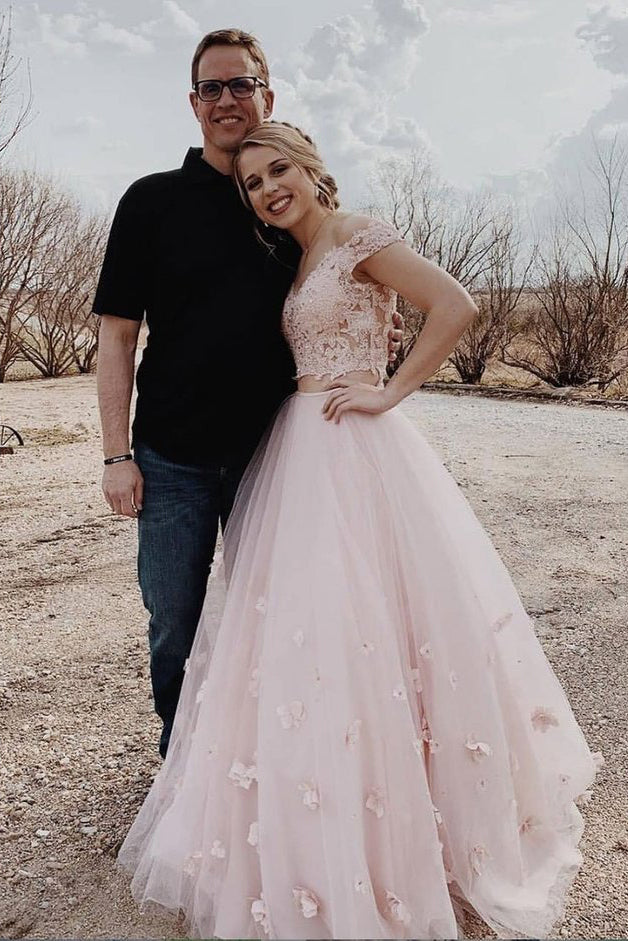 Pink Two Piece Prom Dress with Appliques, Elegant Lace Tulle Formal Dress MP1200