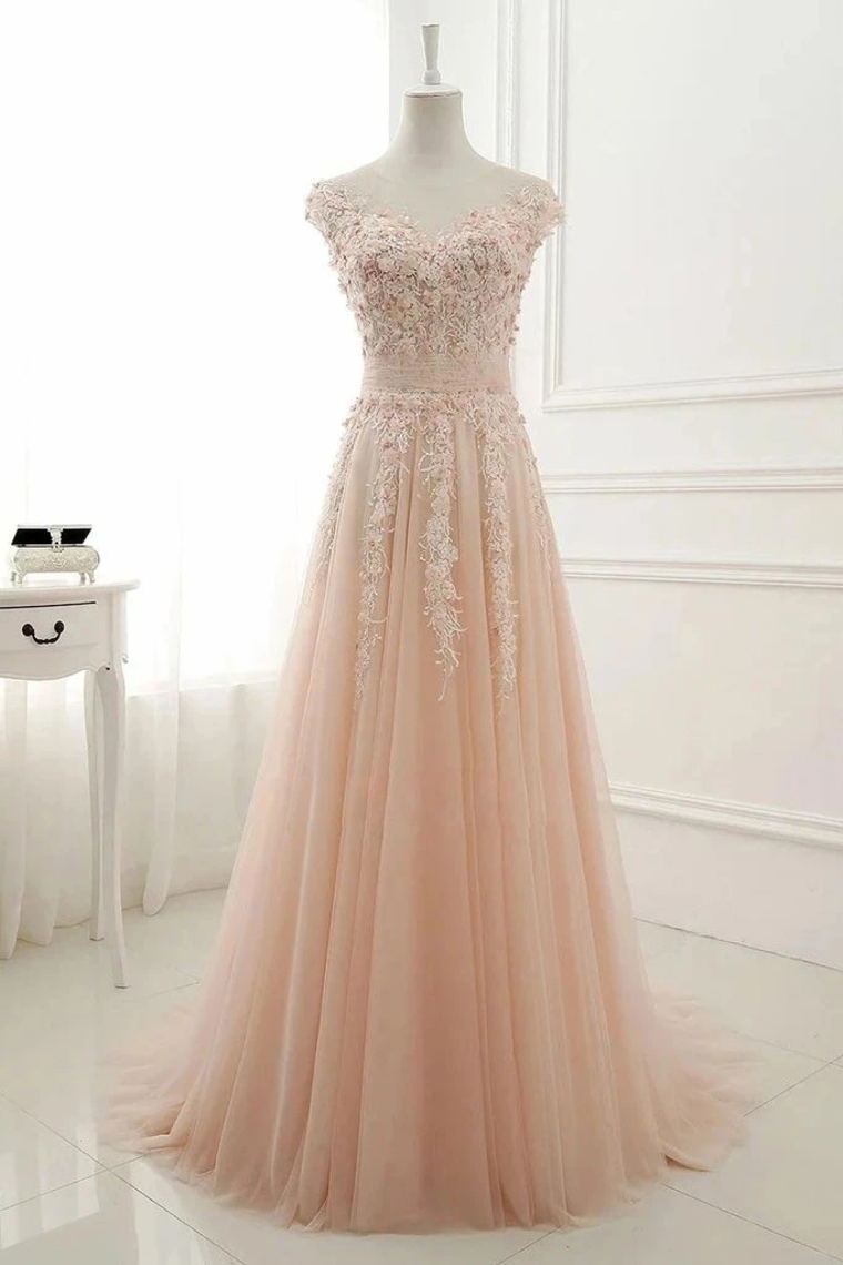 Vestidos de fiesta de tul con escote transparente, mangas cortas y apliques