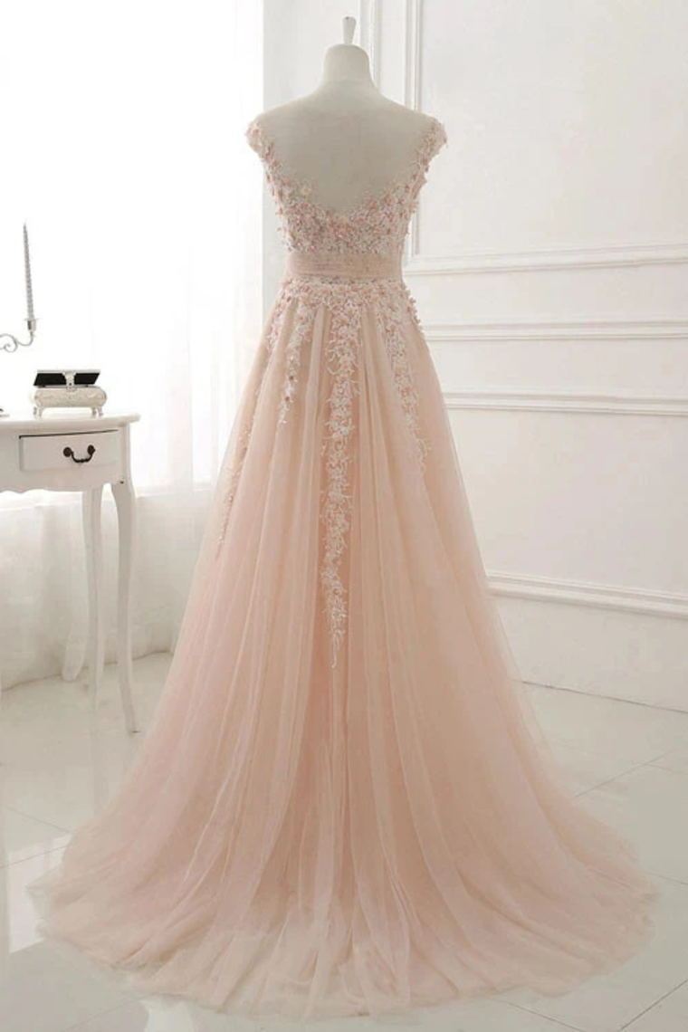 Vestidos de fiesta de tul con escote transparente, mangas cortas y apliques