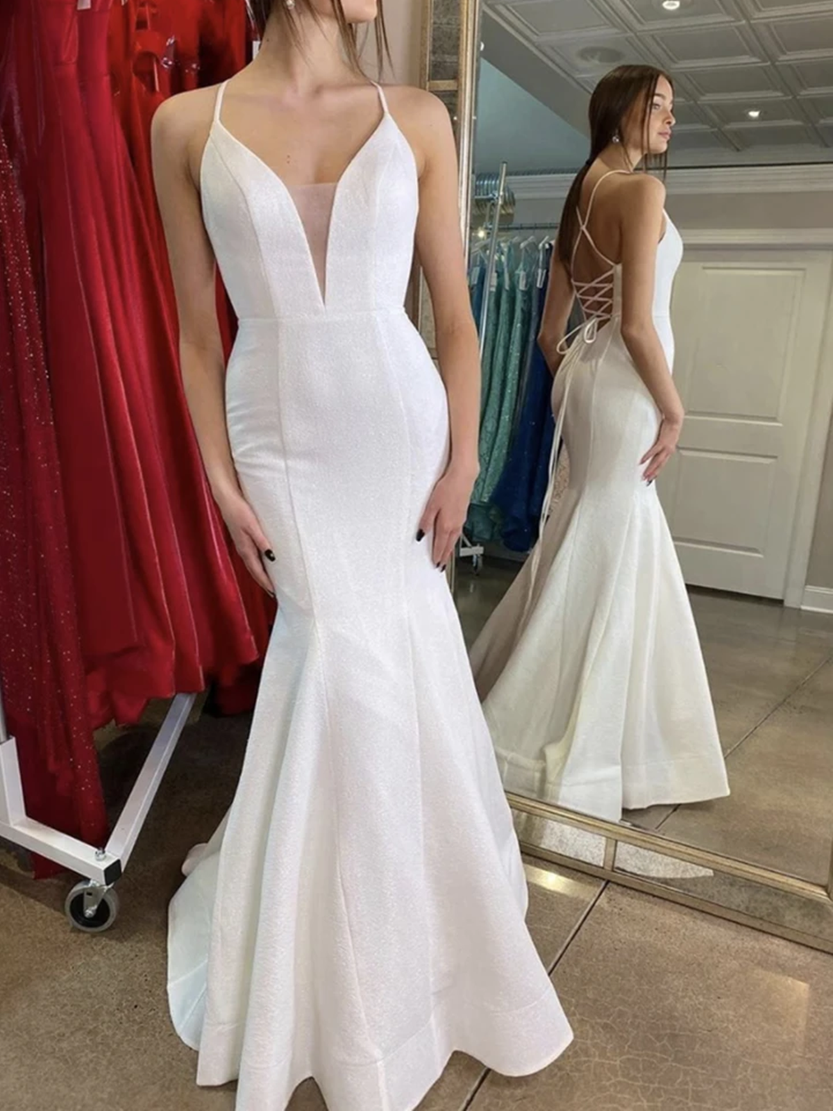 Vestidos de fiesta largos blancos de corte sirena con escote en V y espalda descubierta, vestidos de noche formales largos blancos de corte sirena con escote en V y espalda descubierta