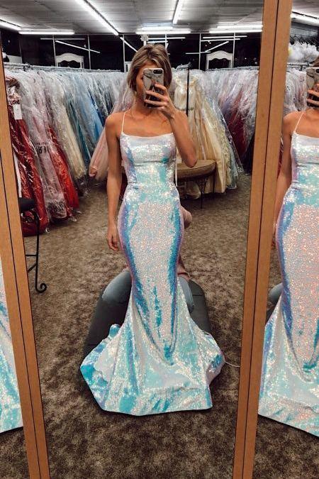 Vestidos de fiesta de sirena con brillo, vestidos formales con tirantes finos, vestido de noche largo