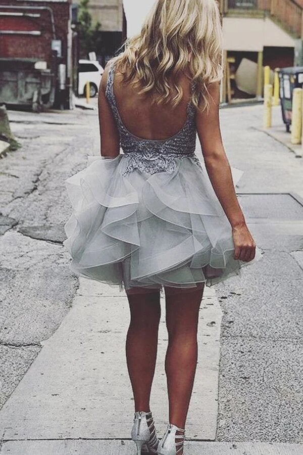Vestido de fiesta corto con apliques de encaje princesa, color verde oscuro, con volantes