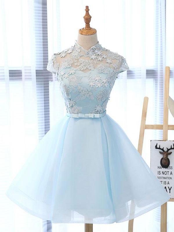 Vestido de fiesta corto de tul azul con encaje, vestido de fiesta de bienvenida de tul azul con encaje