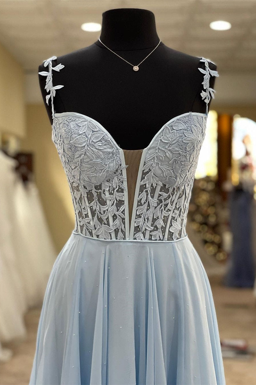 A Line Chiffon Long Prom Dress With Lace Bodice,WP407