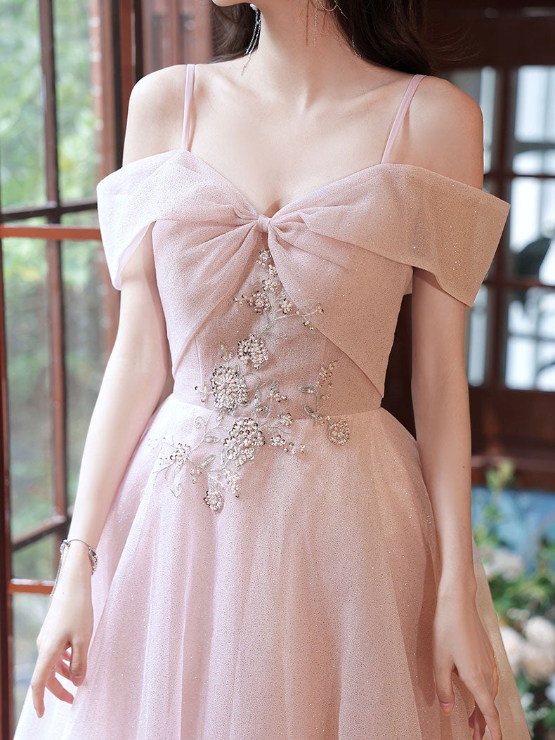 Vestido de fiesta largo de tul rosa con hombros descubiertos, vestido de noche de tul rosa