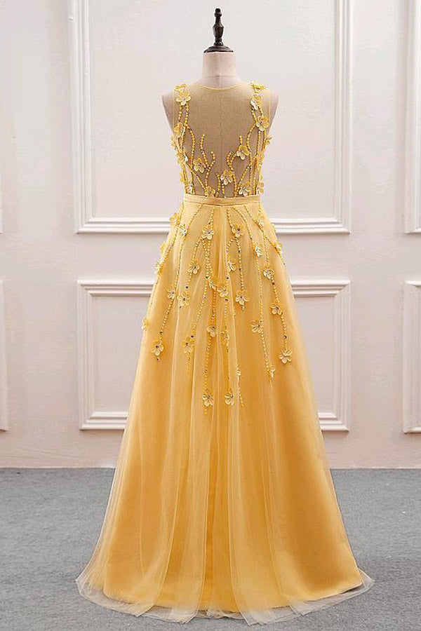 A-Line Yellow Tulle Long Prom Dress With 3D Flowers,WP281