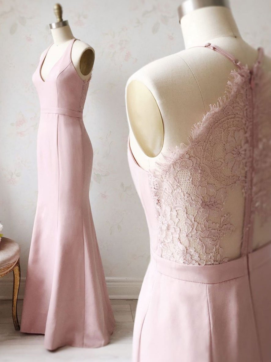 Vestido de fiesta largo de satén con escote en V y encaje rosa, vestido de dama de honor con encaje