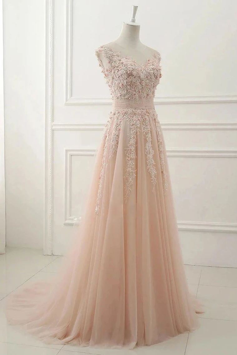 Vestidos de fiesta de tul con escote transparente, mangas cortas y apliques