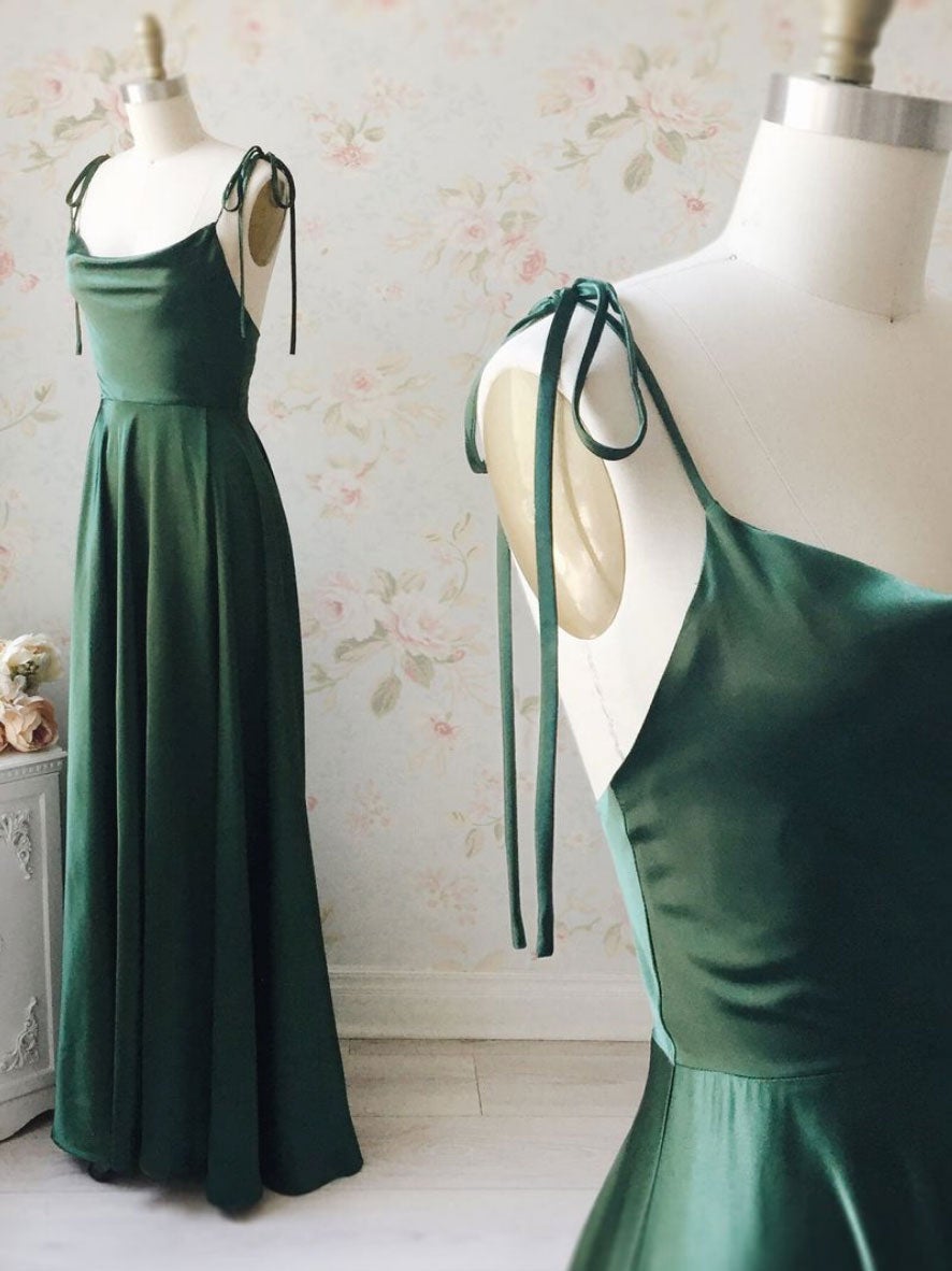 Vestido de fiesta largo de satén verde sencillo, vestido de dama de honor verde