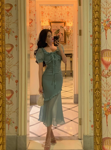 Vestido de fiesta azul de gasa con corte sirena y cuadrados, sexy, para 21 cumpleaños, atuendos de cumpleaños, ideas para vestidos de cumpleaños para mujeres, DP1881