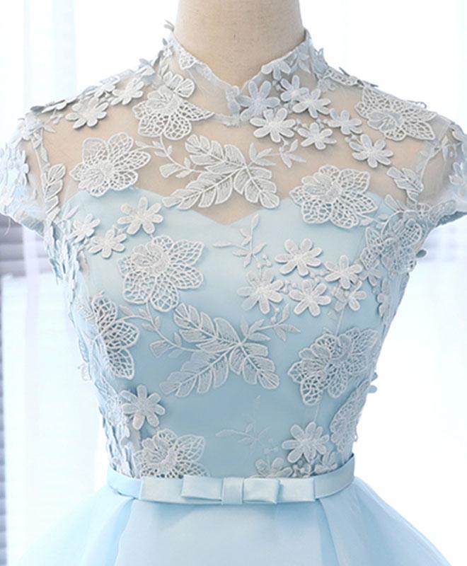 Vestido de fiesta corto de tul azul con encaje, vestido de fiesta de bienvenida de tul azul con encaje