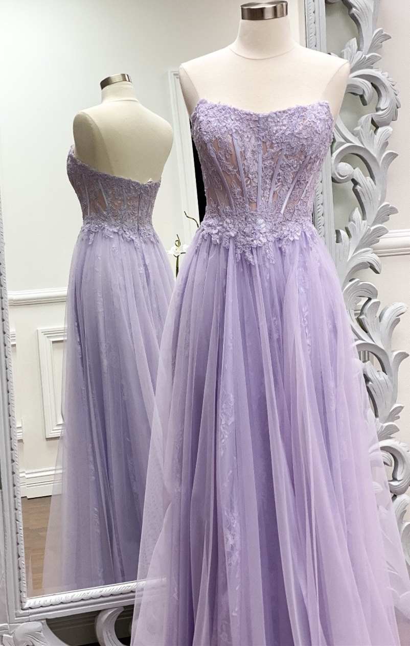 Vestido formal largo de corte A color lavanda sin tirantes, vestidos de fiesta de moda