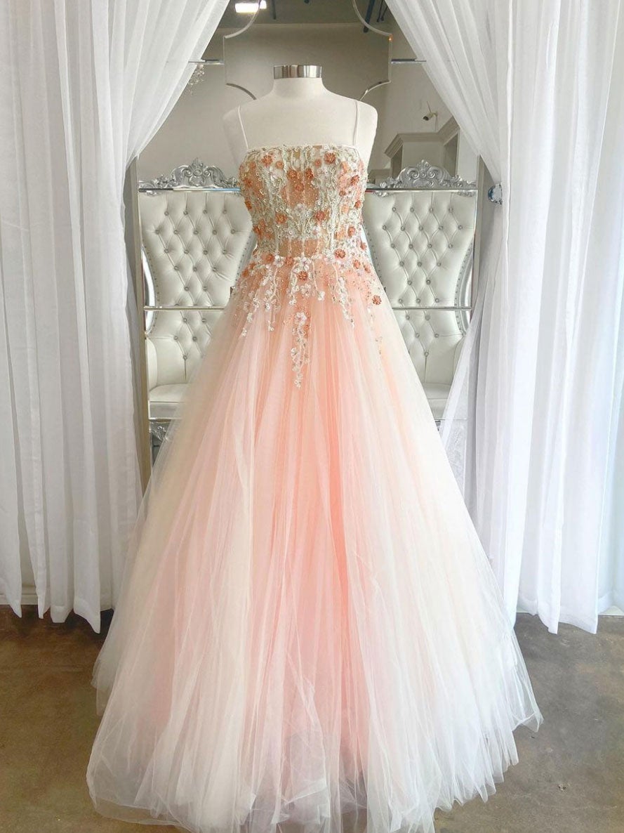 Vestido largo de fiesta con encaje de tul rosa, vestido de noche largo con encaje rosa