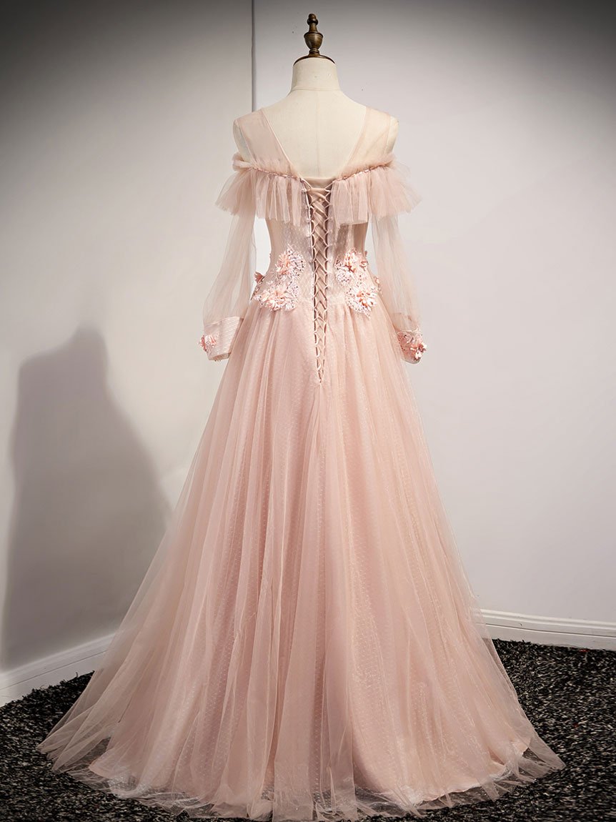 Vestido de fiesta largo de tul con cuello redondo rosa y encaje, vestido de dama de honor de encaje rosa