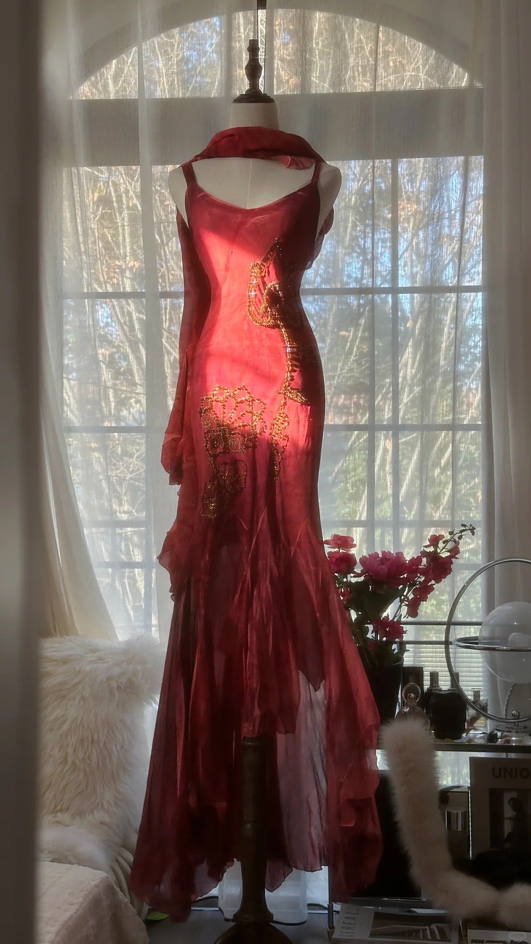 Red Romantic Fashion Elegant Exquisite Lotus Gold Beaded Long Chiffon Fishtail Skirt Mermaid Slim Ball Gown Evening Dress Birthday/Wedding Guest/Holiday Party Dress Prom Dress Valentine's Day Date Dress gh4029