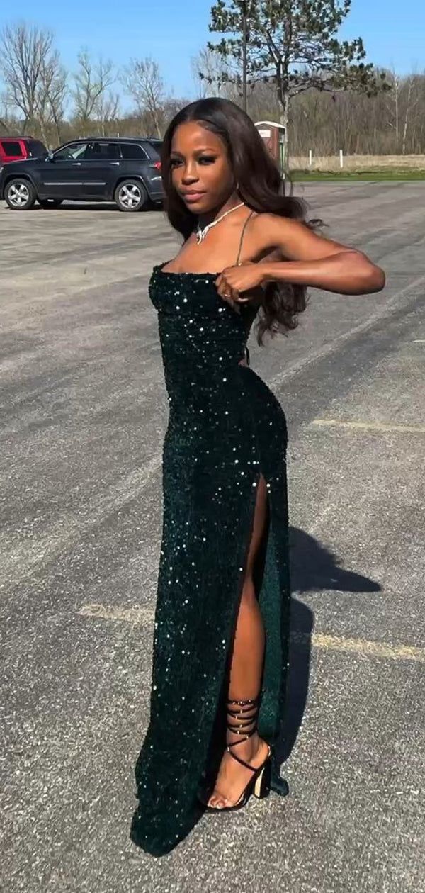 Dark green shiny elegant mermaid sequins long slit sexy ball gown prom dress evening dress 22nd birthday outfit party dress gh2986