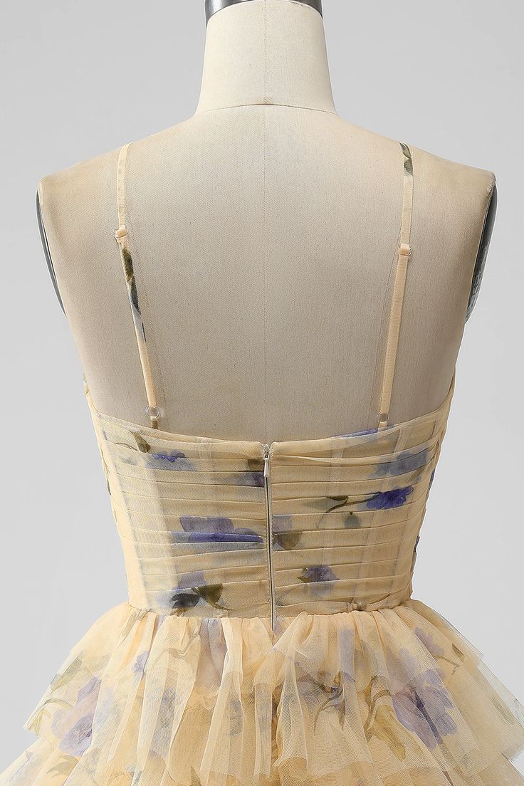 Vintage Yellow Floral Design A-line Spaghetti Strap Tiered Homecoming Dress TP3406
