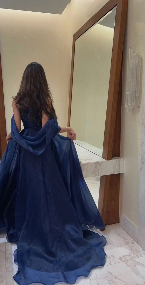 Vestido de fiesta de organza azul marino con corte A para fiestas