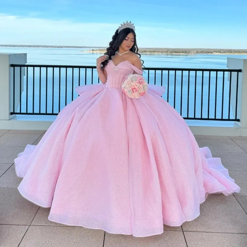 Hermoso vestido de quinceañera largo de tul rosa con hombros descubiertos, vestido formal de 15 años, vestido de dulces 16 DH1841