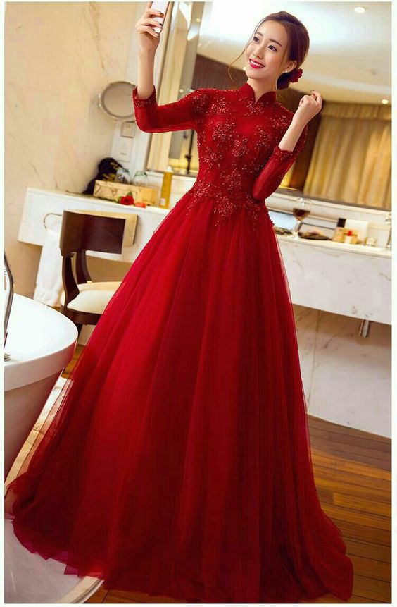 tulle lace long red prom dress evening dress fg1688