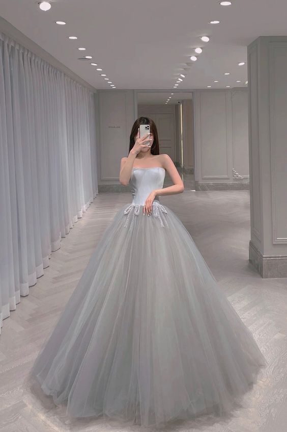 Gray tulle beads long prom dress A line evening gown fg1127