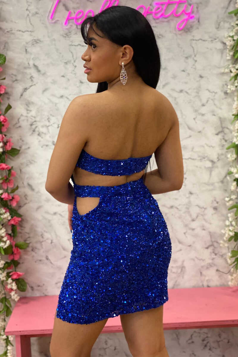 Blue Sequin Strapless Cutout Short Homecoming Dress fg1525