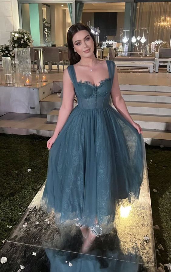 Gray Blue Straps Lace Tulle Popular Modest Prom Dress fg2550