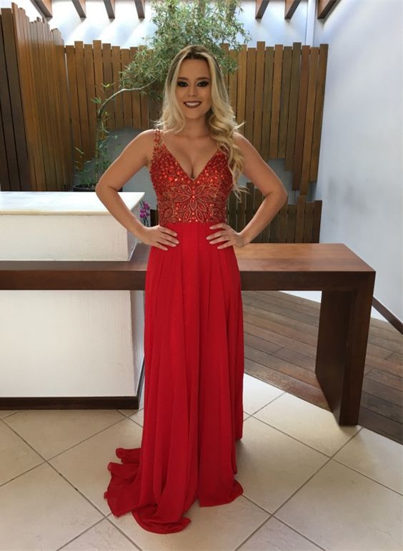 Gorgeous Red Crystals Straps Sleeveless A-line Chiffon Prom Dress fg2283