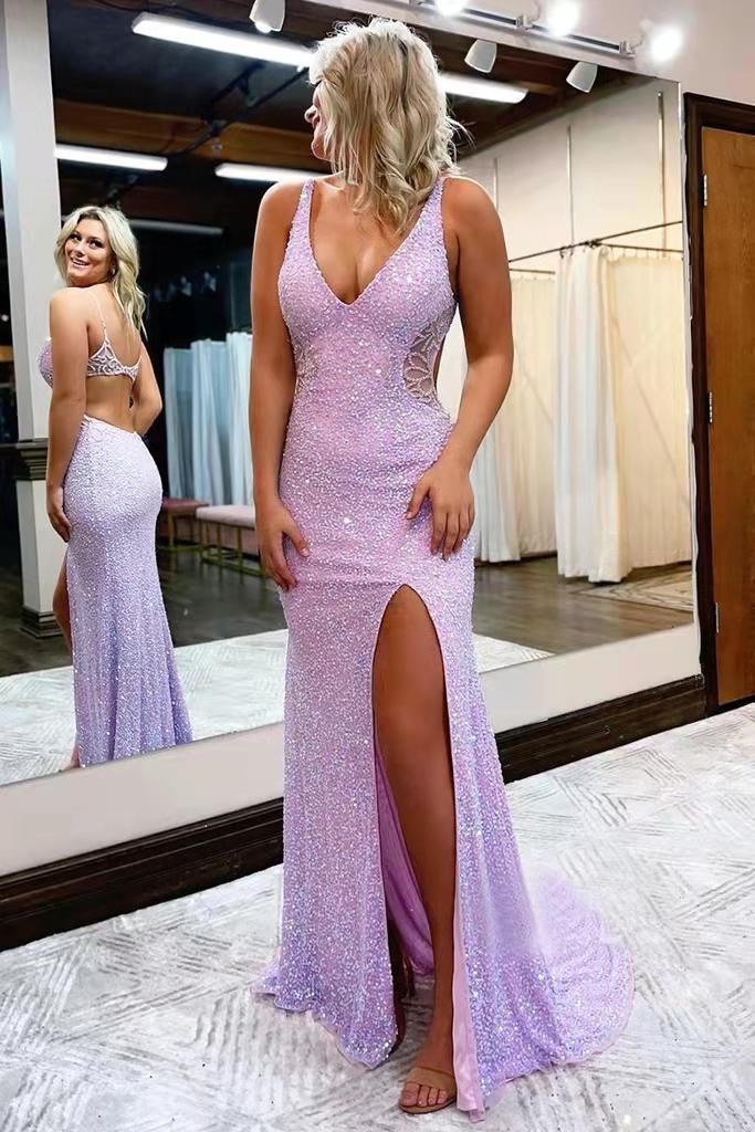 New Style V Neck Sleeveless Long Prom Dress, Sparkly Sequined Evening Dress With Slit fg1258