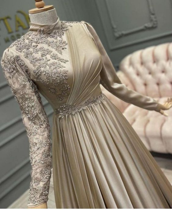 Long Appliques Full Sleeve Muslim Champagne Prom Dress High Neck Saudi Arabic A Line Evening Formal Party Gowns fg1490