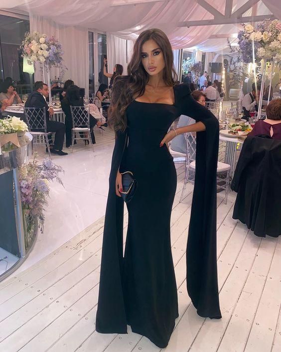 Black Simple Mermaid Floor Length Prom Dress With Long Sleeves fg1042