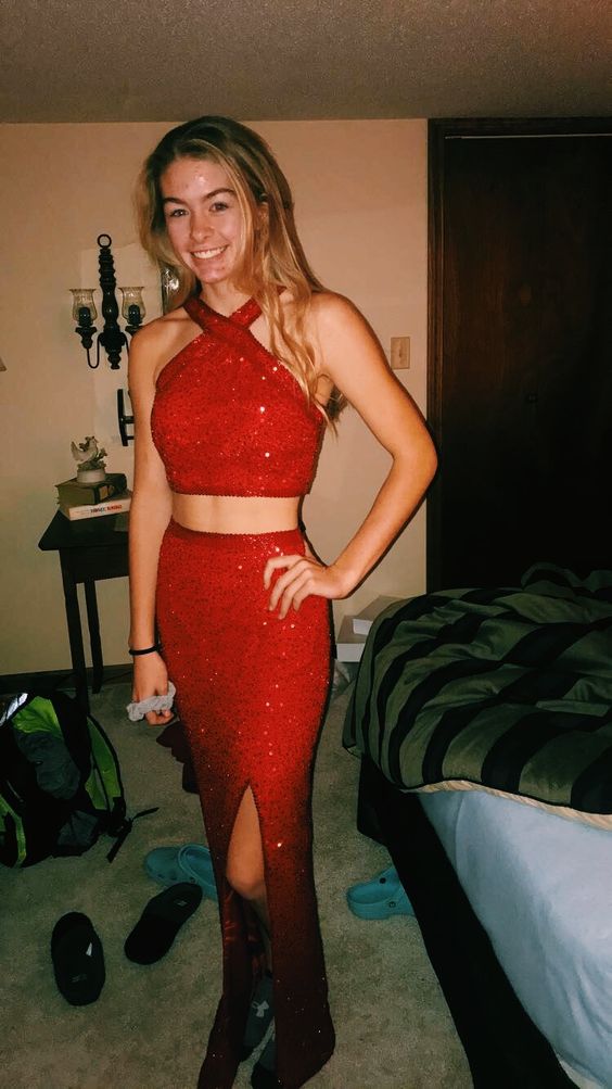 red prom dress two piece evening dress fg1890