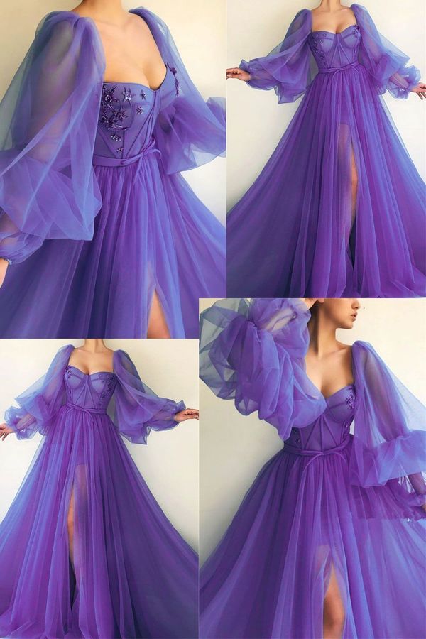 Purple long sleeves tulle prom dress,bubble sleeves evening dress long formal gown fg2117