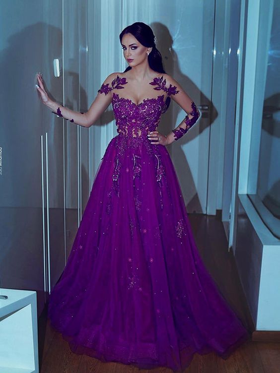 a-line long sleeves scoop sweep/brush train with applique purple dresses fg1685